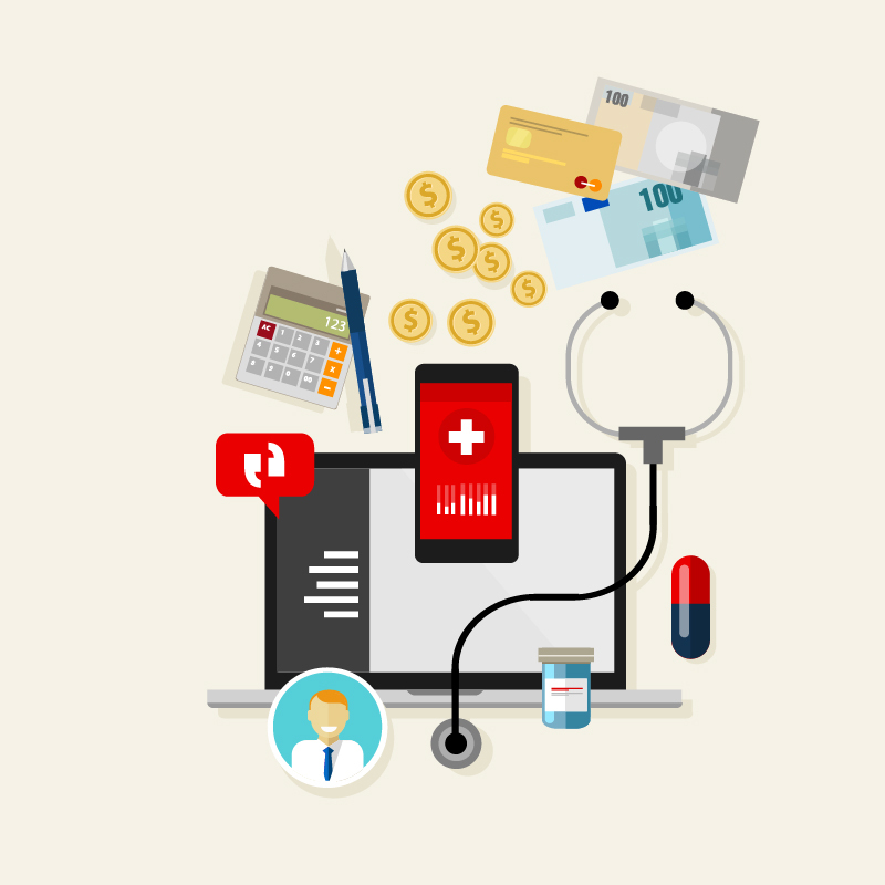 Image of computer, stethoscope, and other healthcare related items