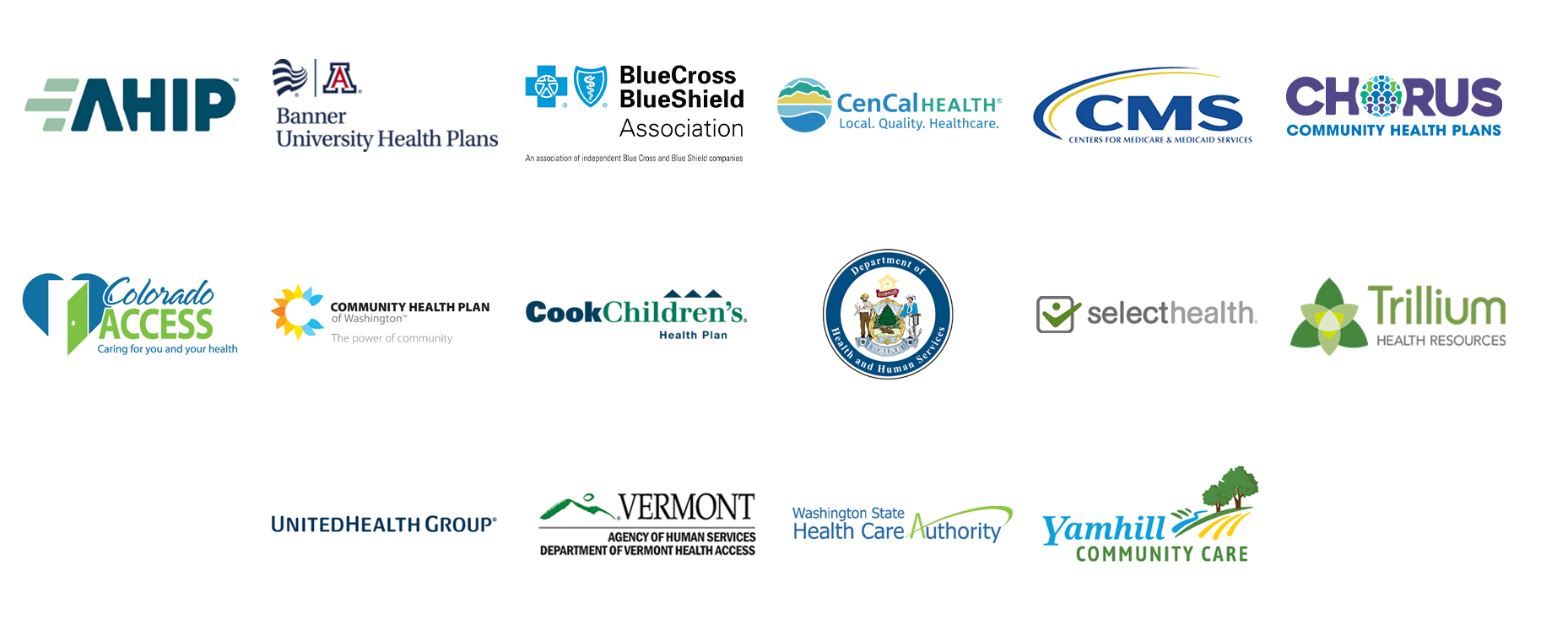 Collage of organization logos including: AHIP, Banner university Health Plans, BlueCross BlueShield Association, CenCal Health, CMS Centers for Medicare and Medicaid Services, CHORUS Community Health Plans, Colorado Access, Community Health Plan of Washington, Cook Children's Health Plan, Department of Health and Human Services, Select Health, Trillium, UnitedHealth Group, Vermont Agency of Human Services Department of Vermont Health Access, Washington State Health Care Authority, Yamhill Community Care