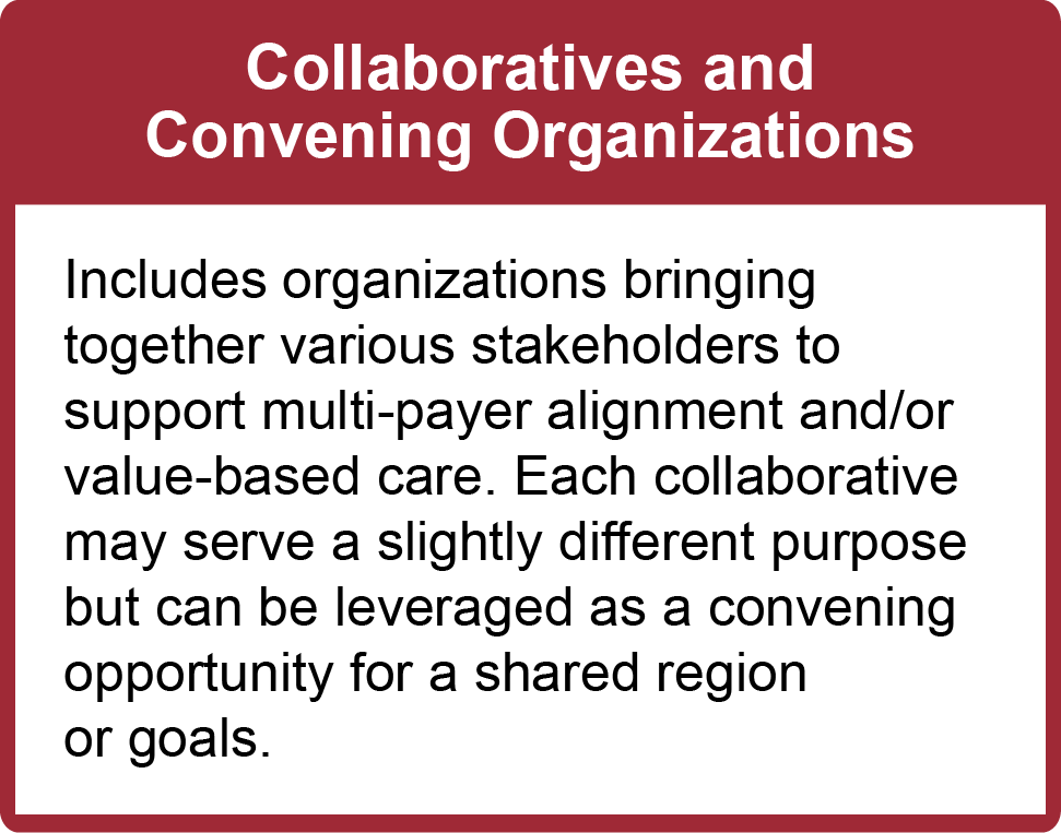 Collaboratives and Convening Organizations: Includes organizations bringing together various stakeholders to support multi-payer alignment and/or value-based care. Each collaborative may serve a slightly different purpose but can be leveraged as a convening opportunity for a shared region or goals.
