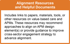 Alignment Resources and Helpful Documents: Includes links to papers, materials, tools, or other resources on value-based care and APMs. These resources may recommend approaches to align on APM design element(s) or provide guidance to improve cross-sector engagement strategy to advance alignment.