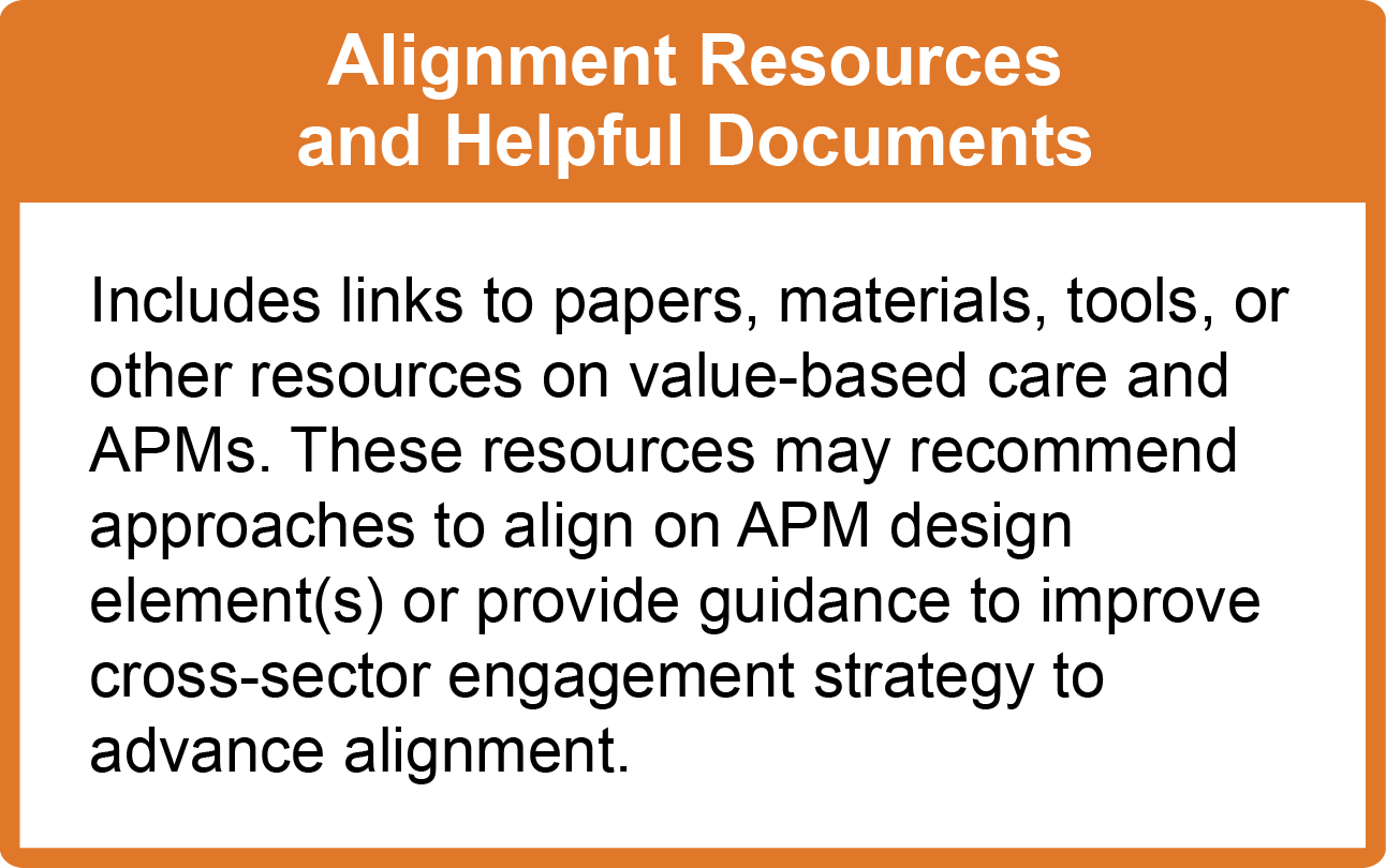 Alignment Resources and Helpful Documents includes links to papers, materials, tools, or other resources on value-based care and APMs. These resources may recommend approaches to align on APM design element(s) or provide guidance to improve cross-sector engagement strategy to advance alignment. 