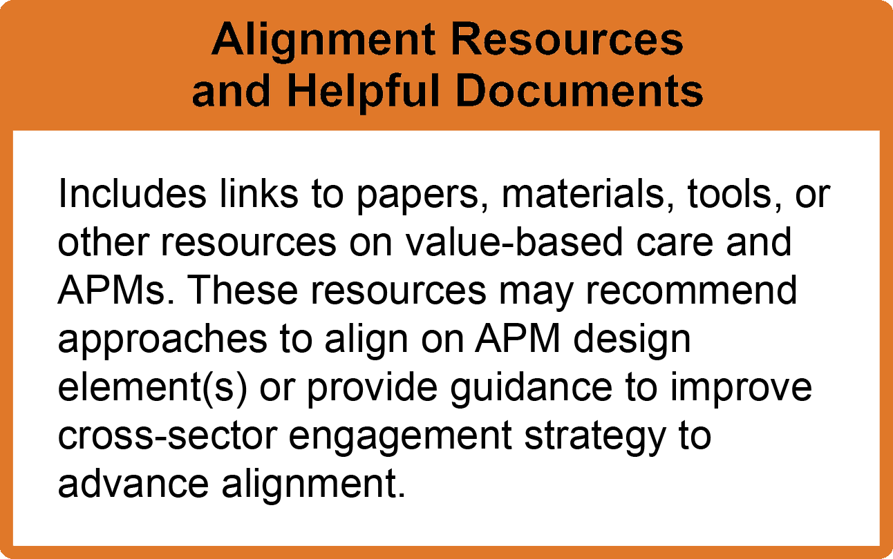 Alignment Resources and Helpful Documents includes links to papers, materials, tools, or other resources on value-based care and APMs. These resources may recommend approaches to align on APM design element(s) or provide guidance to improve cross-sector engagement strategy to advance alignment. 